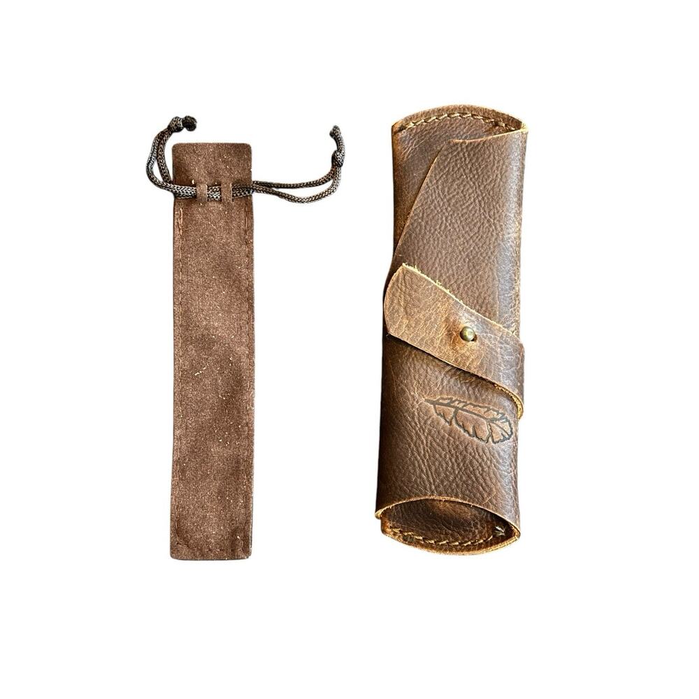 Handmade Cowhide Leather Pen Bag Pencil Pouch Case Felt Iron Feather Creative